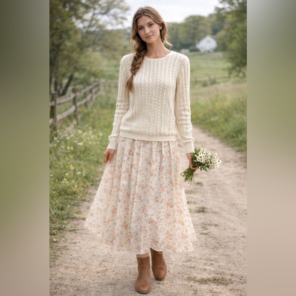 Vintage Wainscott Cream Cable Knit Sweater‎ Womens M Cottagecore Cotton